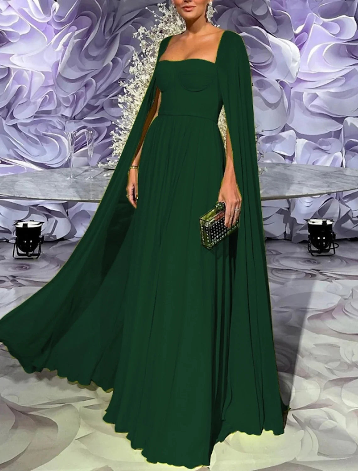 Green A-Line Square Neck Chiffon Long Sleeve Pleated Floor-Length Evening Gown - Chloe Dress