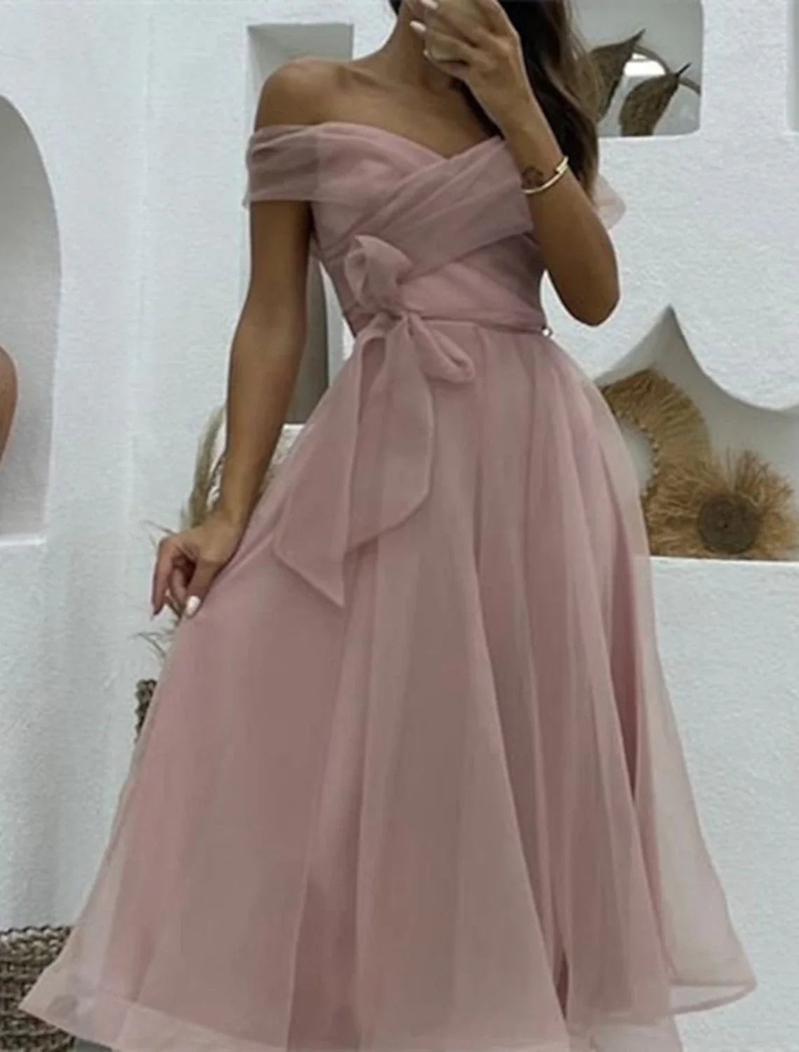 A-Line Off-Shoulder Organza Sleeveless Tea-Length Wedding Dress - Chloe Dress