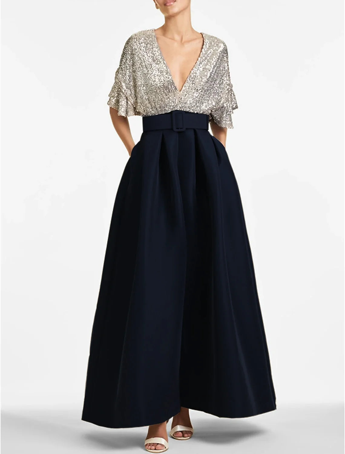 A-Line V-Neck Sequin Ankle-Length Evening Gown - Chloe Dress