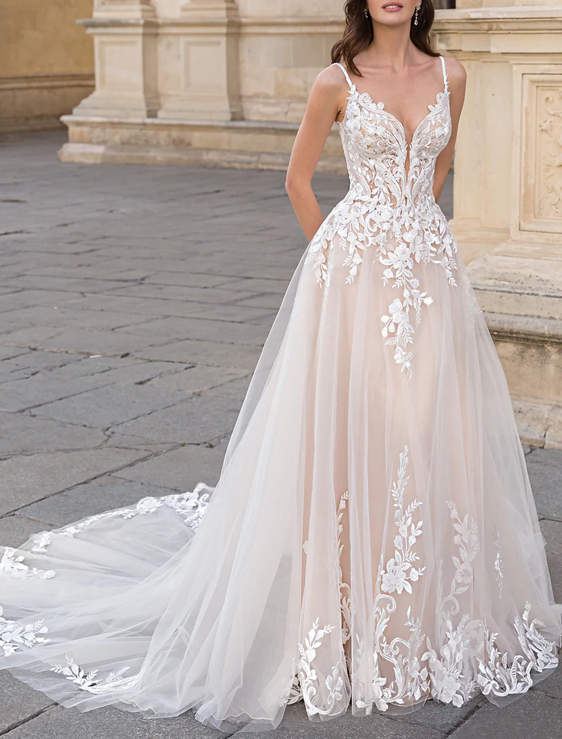 White A-Line V-Neck Lace Sleeveless Train Wedding Gown - Chloe Dress