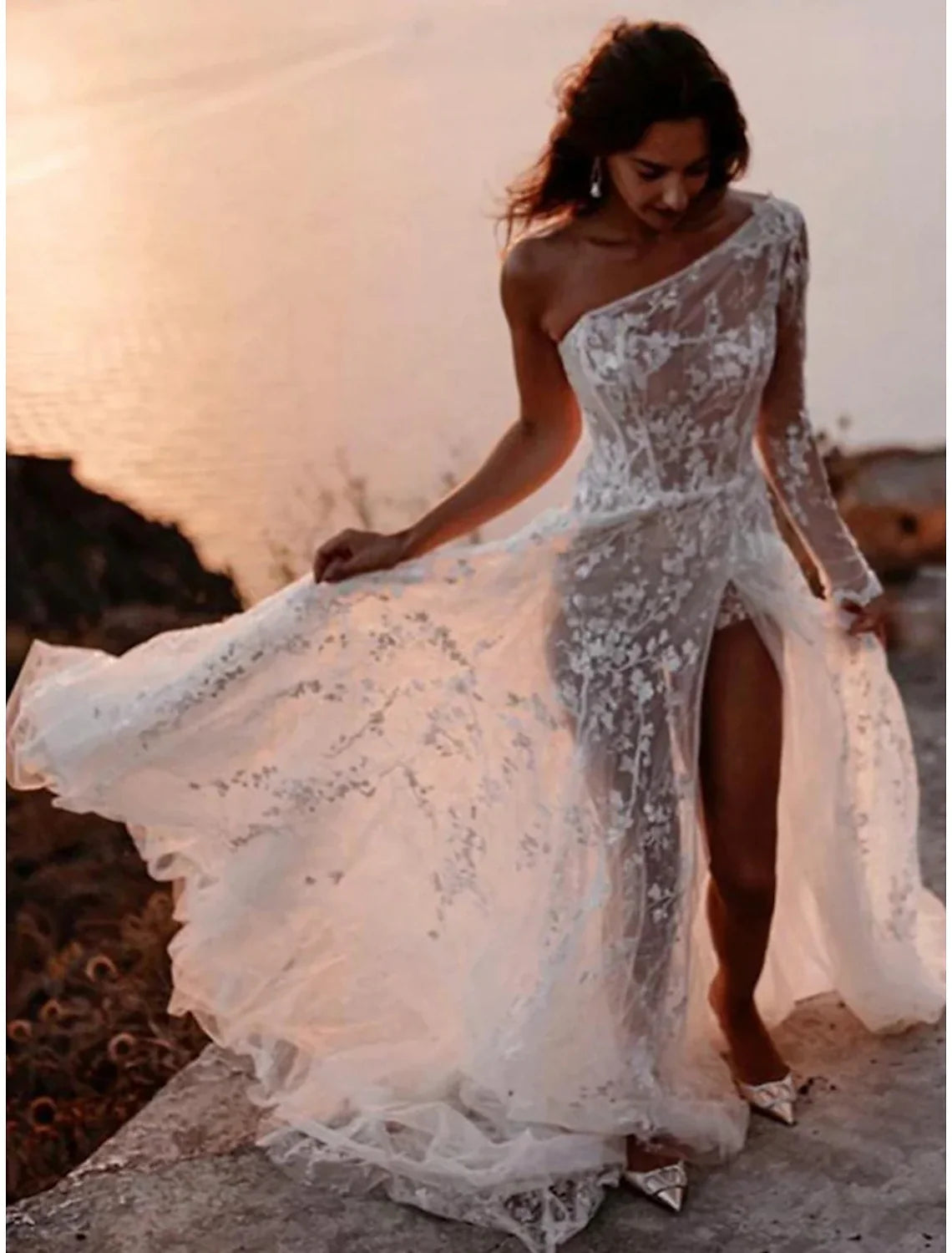 A-Line One-Shoulder Lace Long Sleeve Train Wedding Gown - Chloe Dress