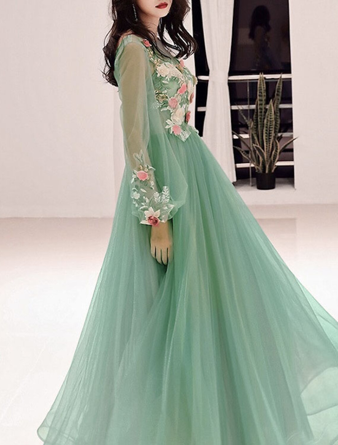 A-Line Illusion Tulle Long Sleeve Applique Floor-Length Prom Dress - Chloe Dress