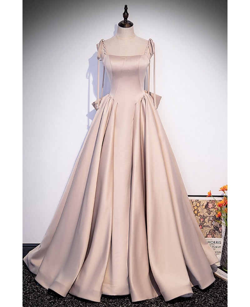 Champagne A-Line Square Neck Satin Open Back Pleated Floor-Length Evening Dress - Chloe Dress