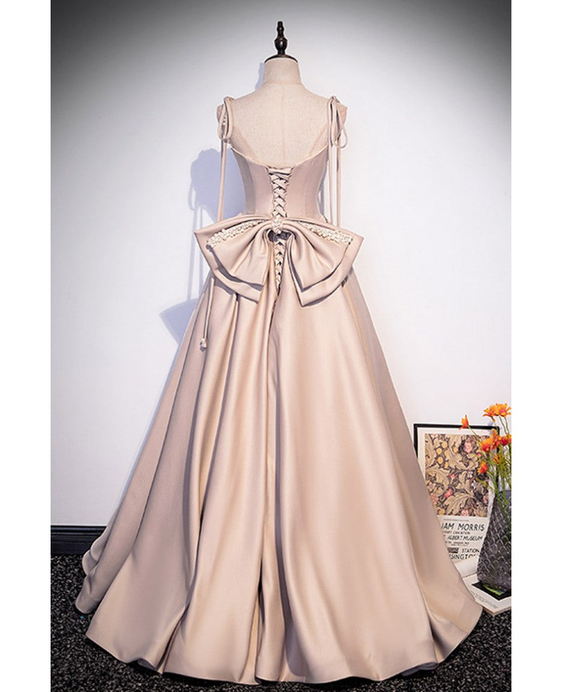 Champagne A-Line Square Neck Satin Open Back Pleated Floor-Length Evening Dress - Chloe Dress