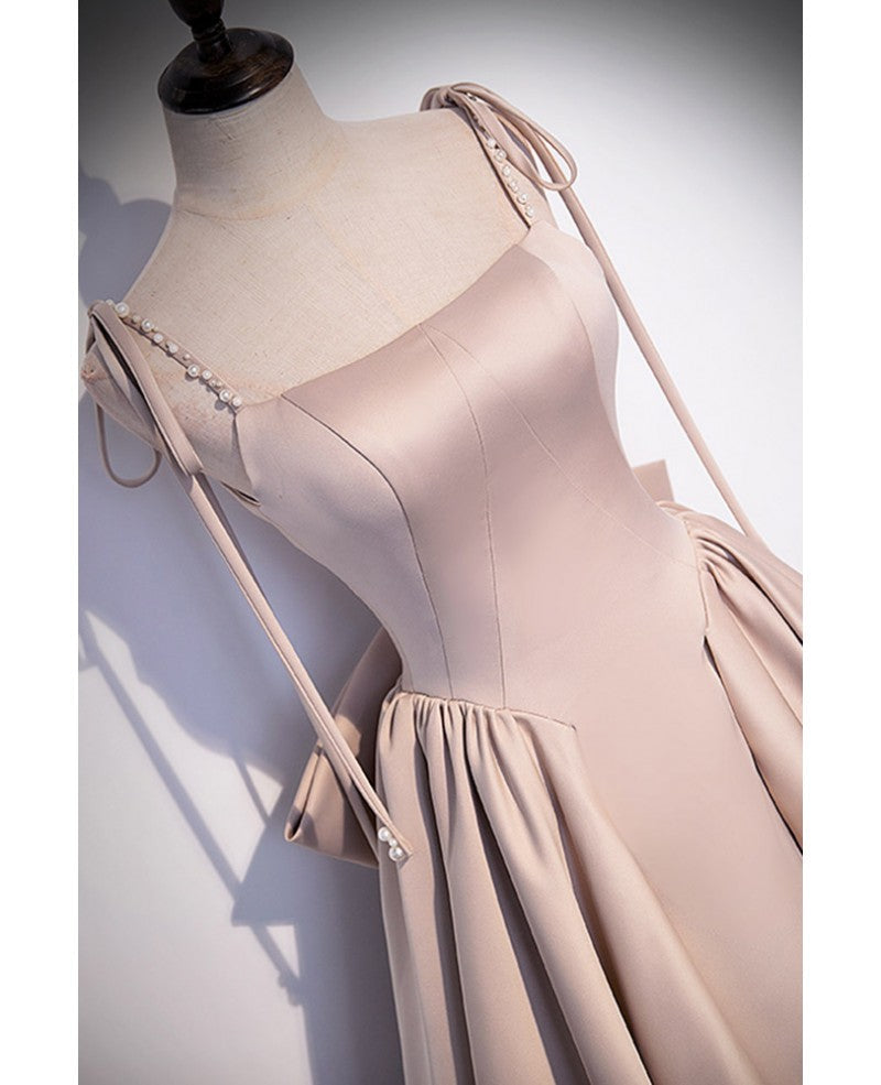 Champagne A-Line Square Neck Satin Open Back Pleated Floor-Length Evening Dress - Chloe Dress