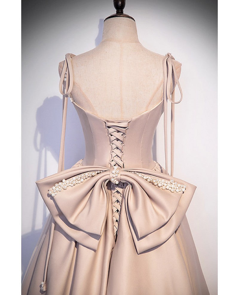 Champagne A-Line Square Neck Satin Open Back Pleated Floor-Length Evening Dress - Chloe Dress