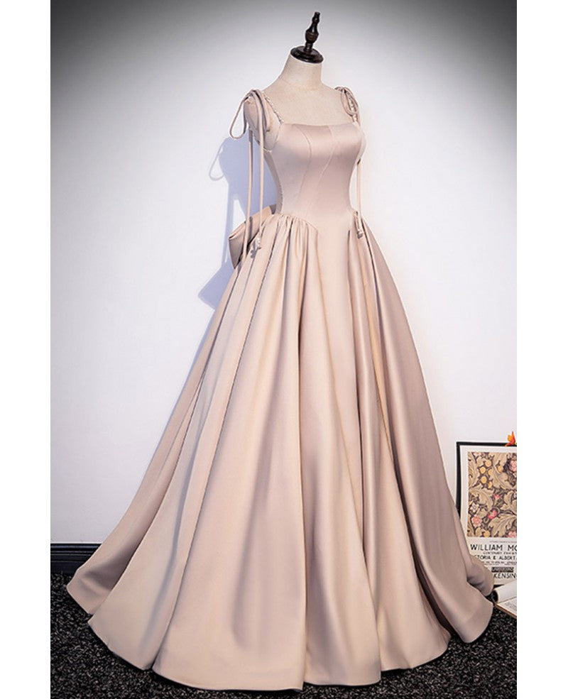 Champagne A-Line Square Neck Satin Open Back Pleated Floor-Length Evening Dress - Chloe Dress
