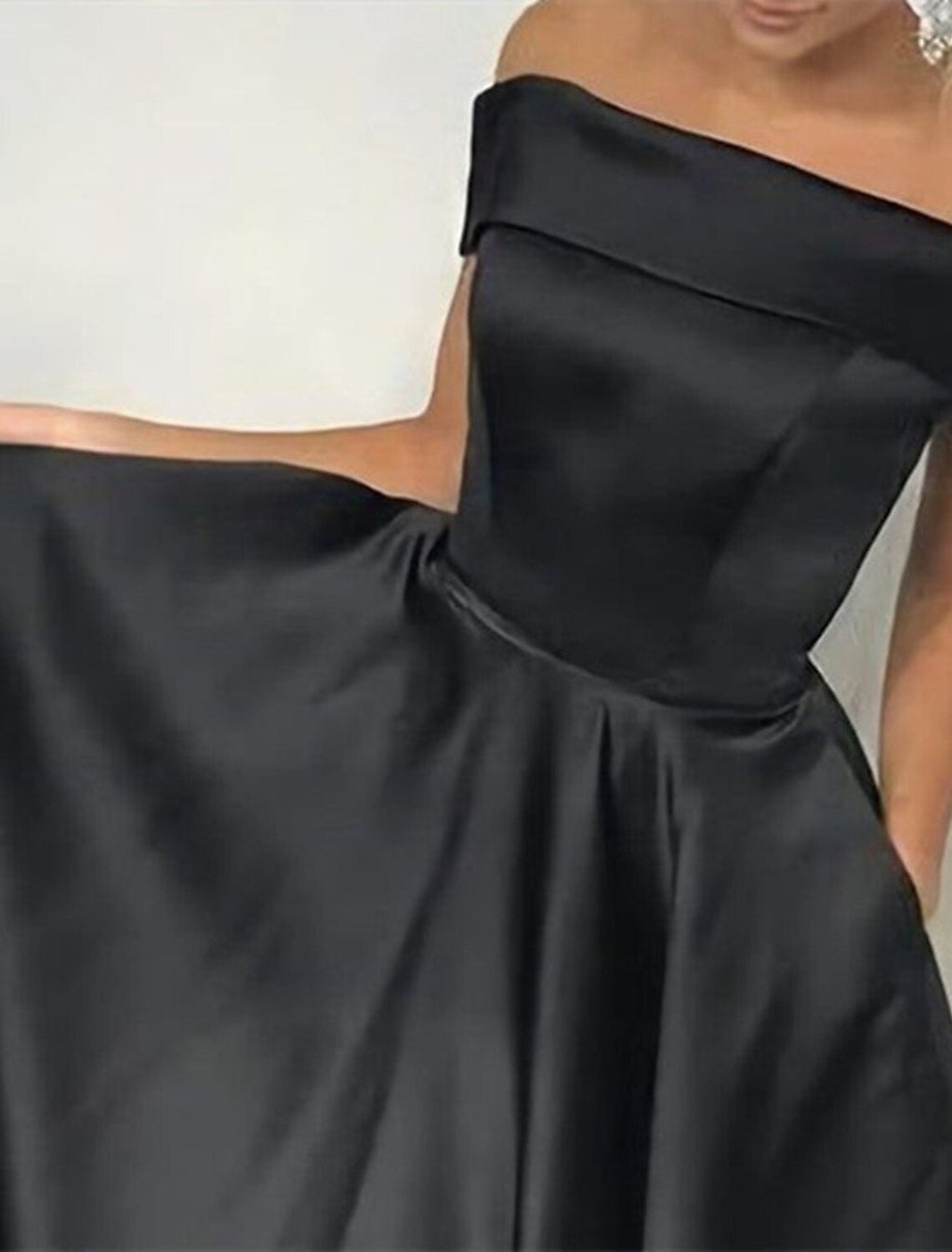 Black A-Line Off-Shoulder Satin Sleeveless Pleated Evening Gown - Chloe Dress