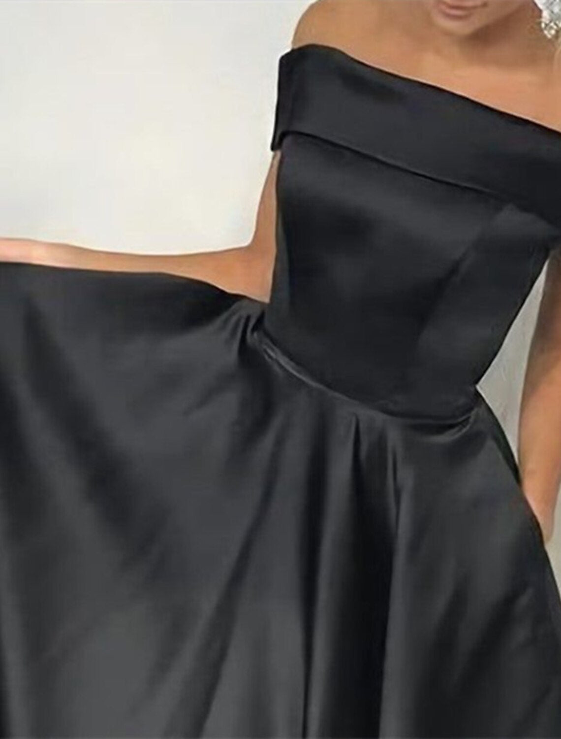 Black A-Line Off-Shoulder Satin Sleeveless Pleated Evening Gown - Chloe Dress