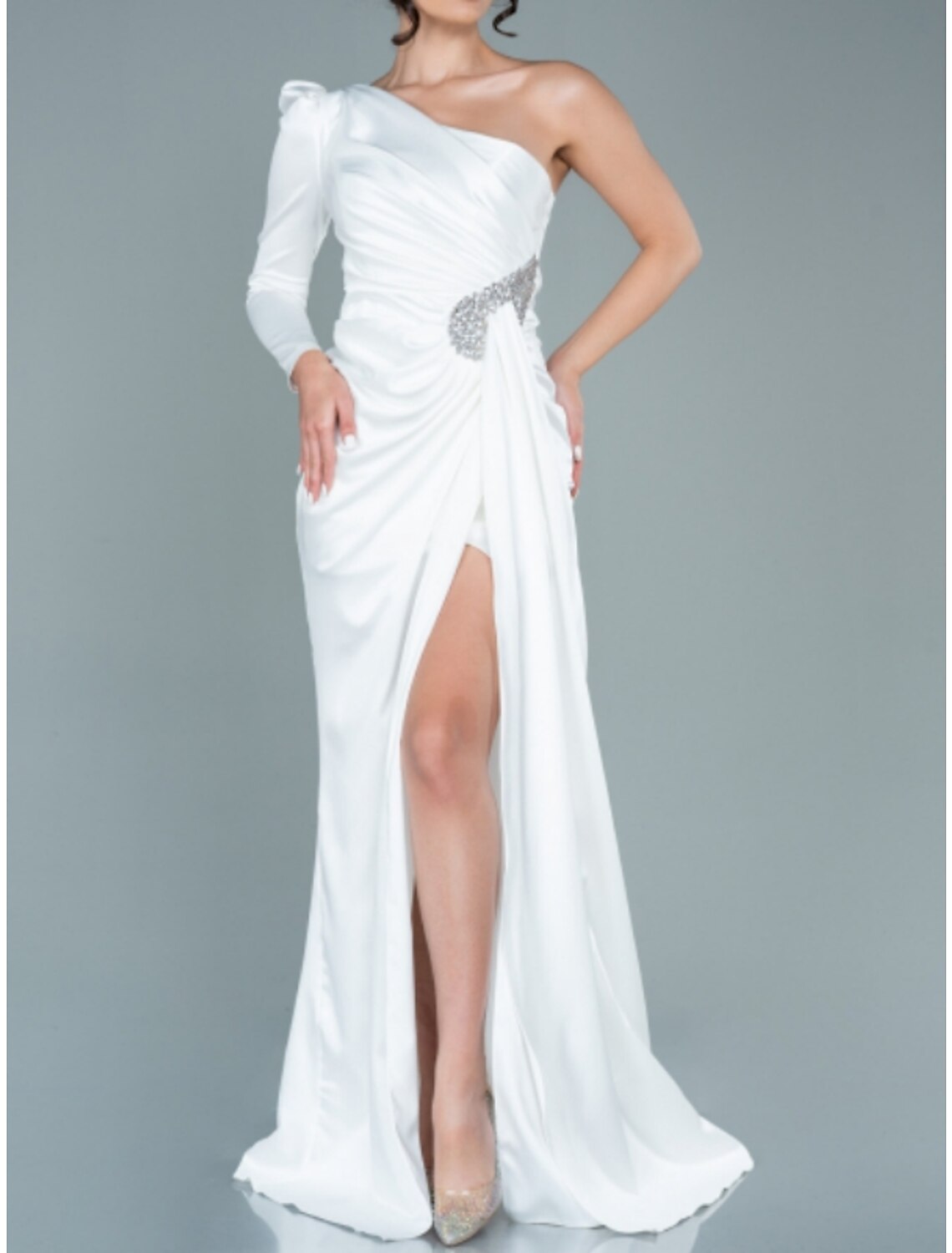 A-Line One-Shoulder Satin Long Sleeve High Slit Evening Gown - Chloe Dress
