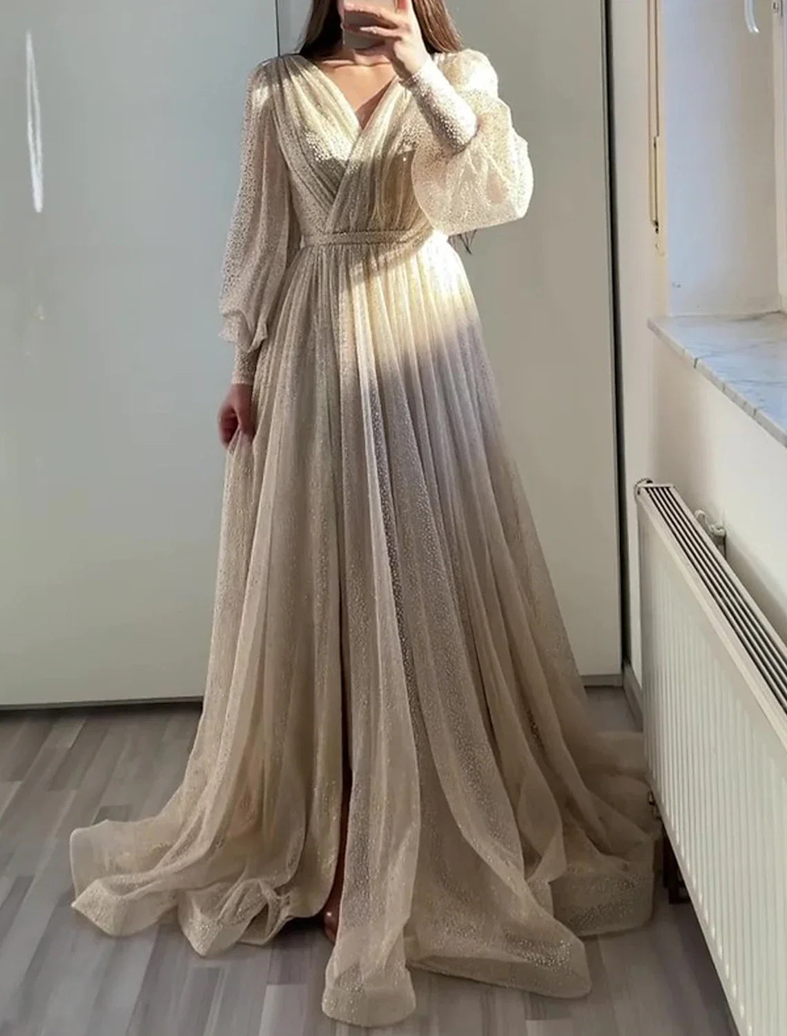 Black A-Line V-Neck Tulle Long Sleeve Floor-Length Prom Dress - Chloe Dress