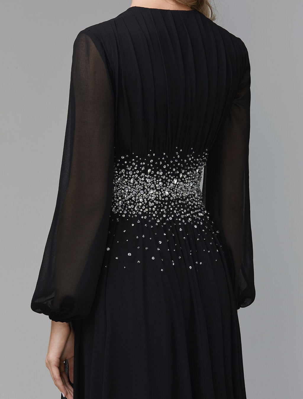 Black A-Line V-Neck Chiffon Long Sleeve Floor-Length Evening Gown - Chloe Dress