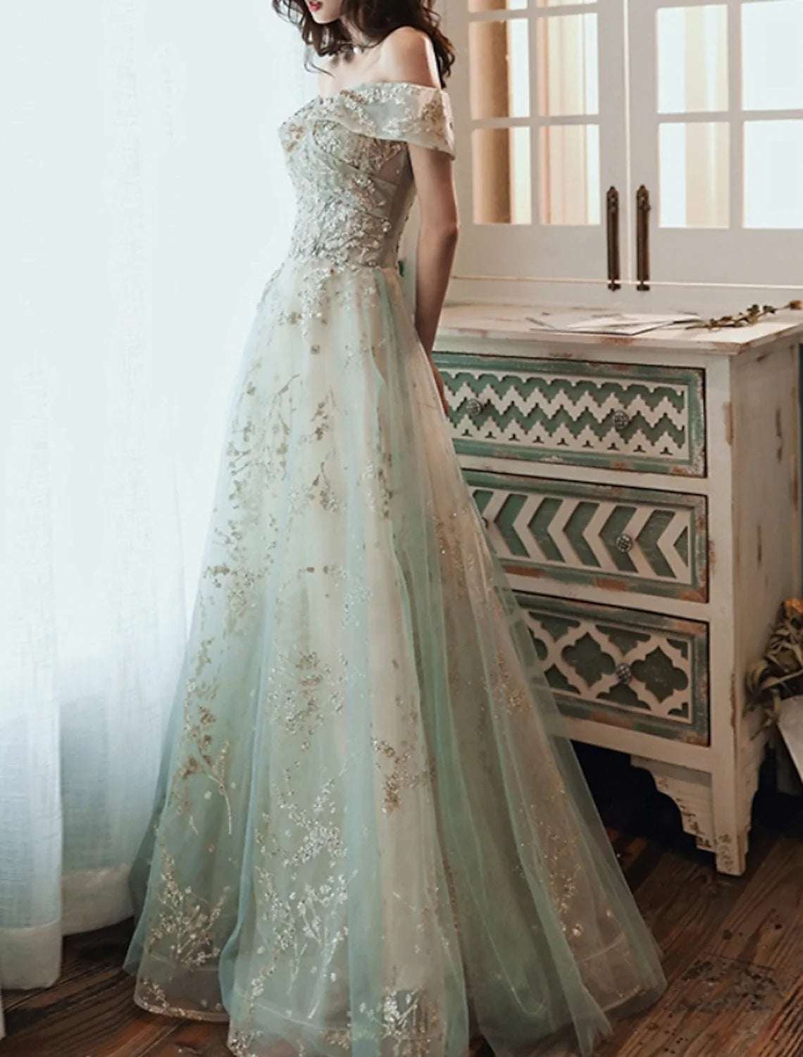 A-Line Off-Shoulder Tulle Short Sleeve Floor-Length Evening Gown - Chloe Dress