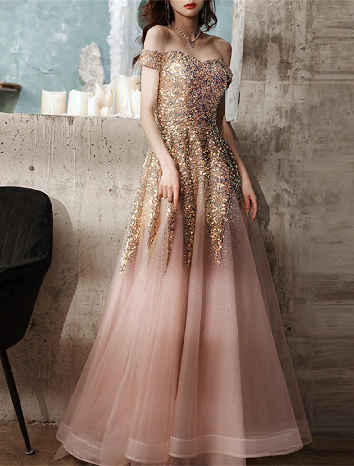 A-Line Off-Shoulder Sequin Short Sleeve Floor-Length Prom Dress - Chloe Dress