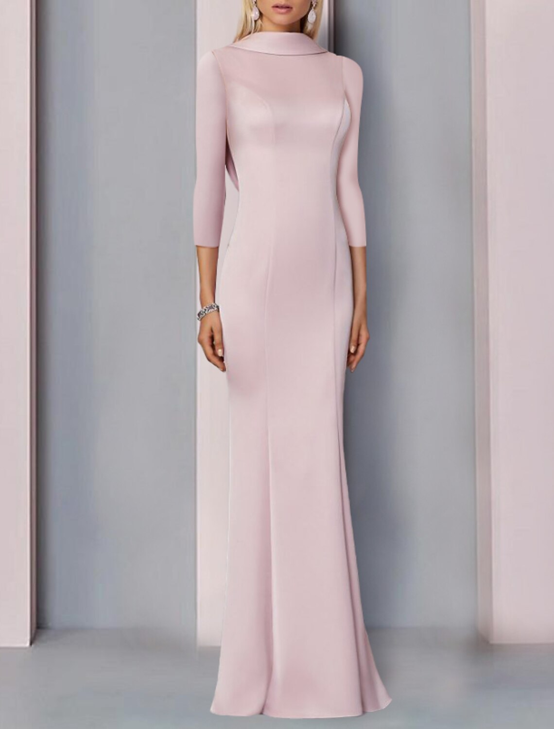 Mermaid High Neck Satin Three-Quarter Sleeve High Slit Floor-Length Evening Gown - Chloe Dress