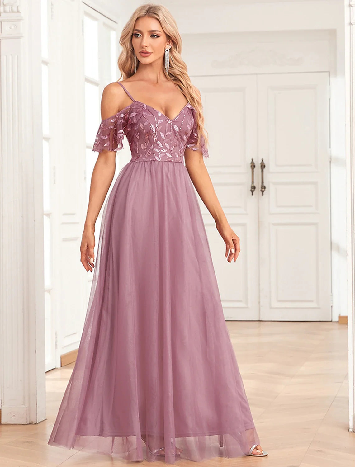 A-Line Spaghetti Strap Tulle Sleeveless Floor-Length Evening Gown - Chloe Dress