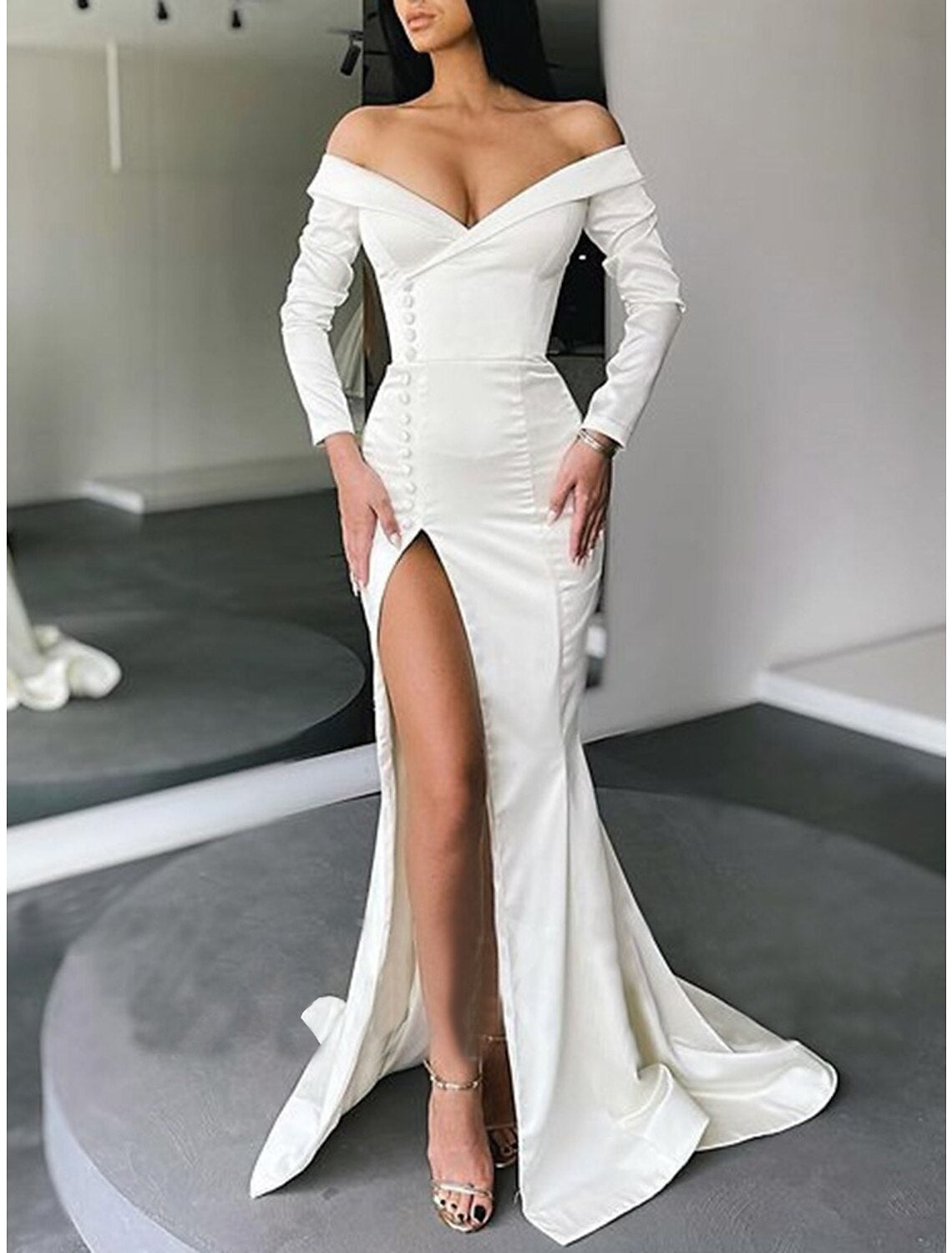 Mermaid Off-Shoulder Long Sleeve Button Back High Slit Evening Dress - Chloe Dress