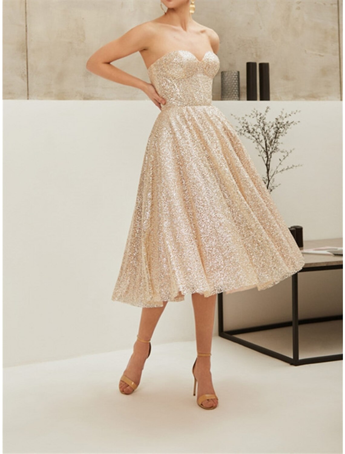 A-Line Strapless Sequin Sleeveless Lace-Up Back Pleated Knee-Length Party Dress - Chloe Dress