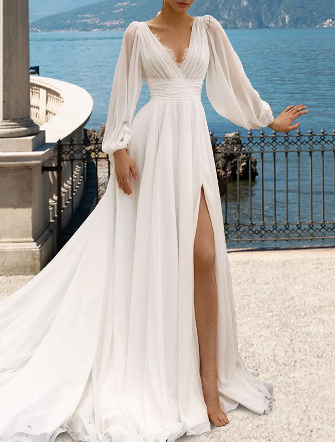 A-Line V-Neck Chiffon Long Sleeve Pleated Wedding Gown - Chloe Dress