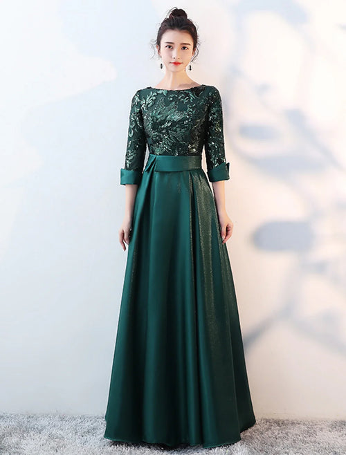 A-Line Satin Long Sleeve Pleated Floor-Length Wedding Dress - Chloe Dress