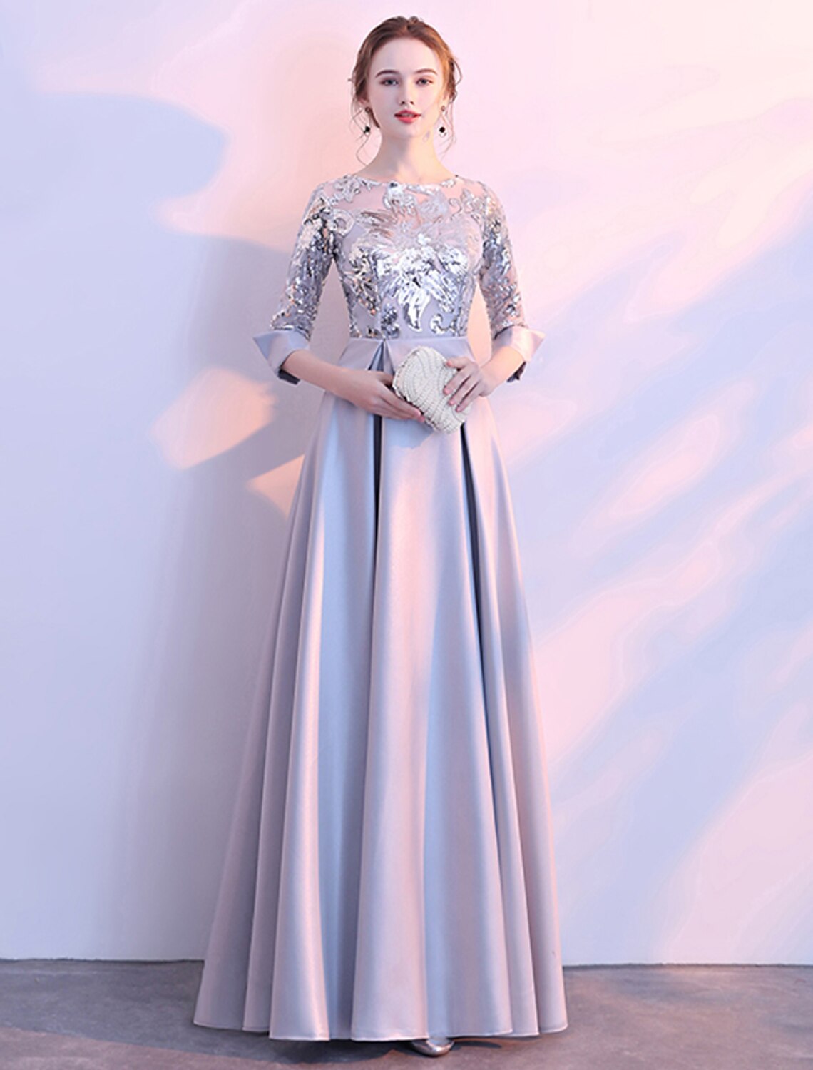A-Line Satin Three-Quarter Sleeve Floor-Length Evening Dress - Chloe Dress