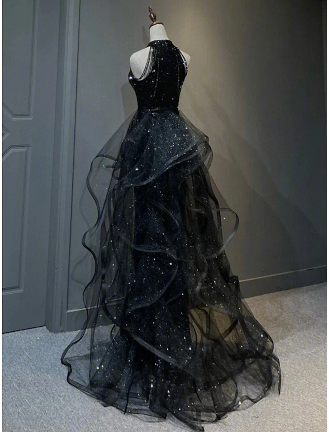 Black A-Line Halter Sequin Sleeveless Ruffled Prom Dress - Chloe Dress