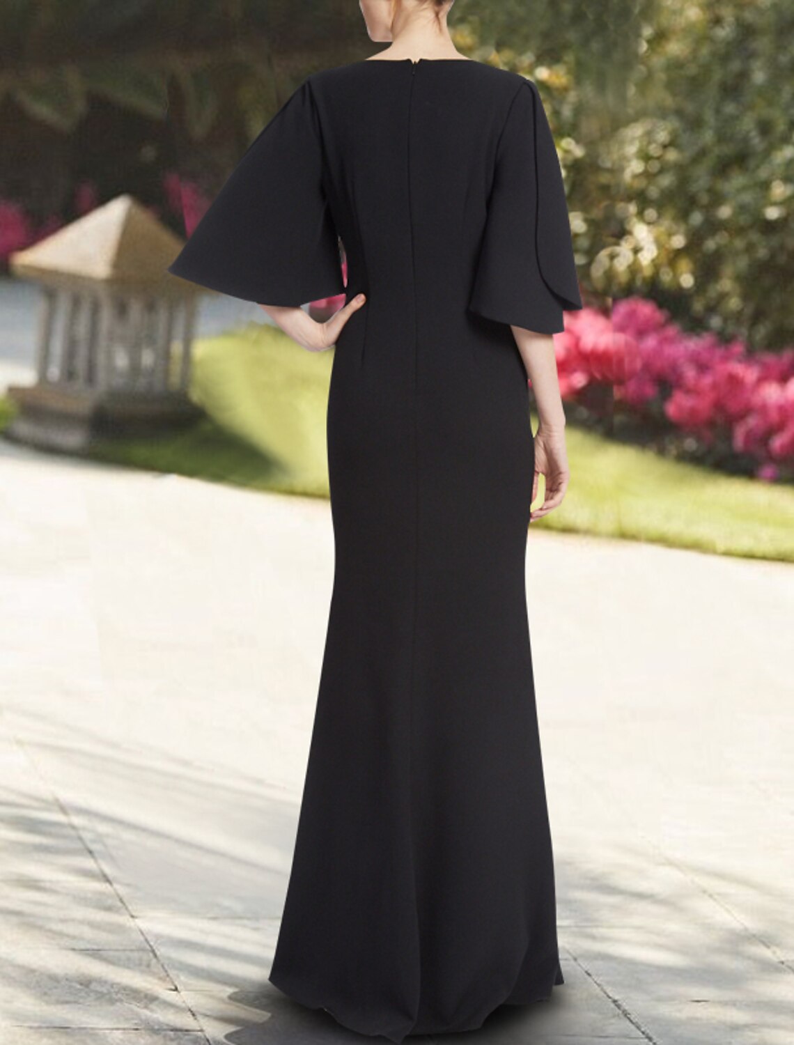 Mermaid V-Neck Chiffon Three-Quarter Sleeve Floor-Length Evening Gown - Chloe Dress