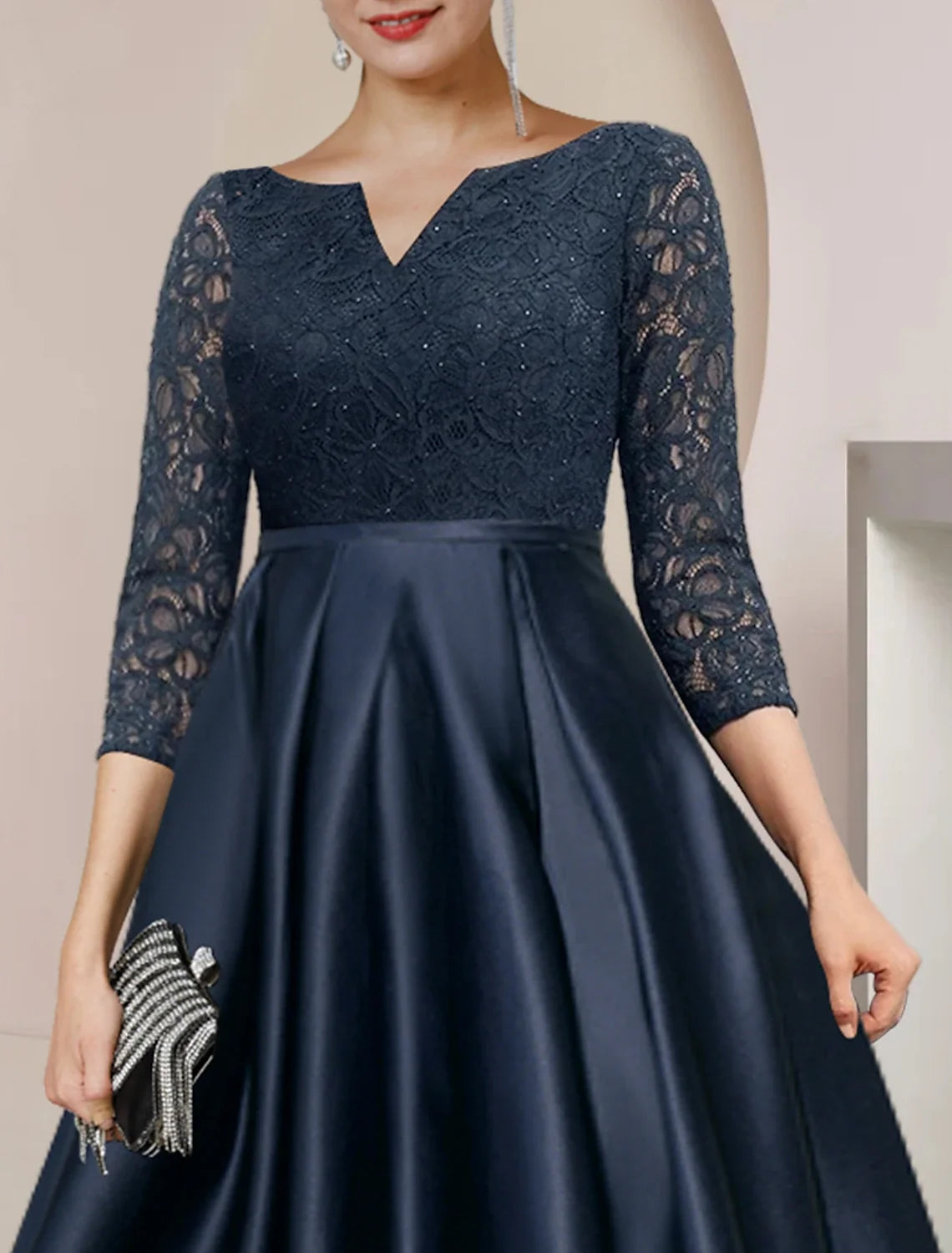 A-Line High Neck Satin Three-Quarter Sleeve Pleated Tea-Length Wedding Dress - Chloe Dress