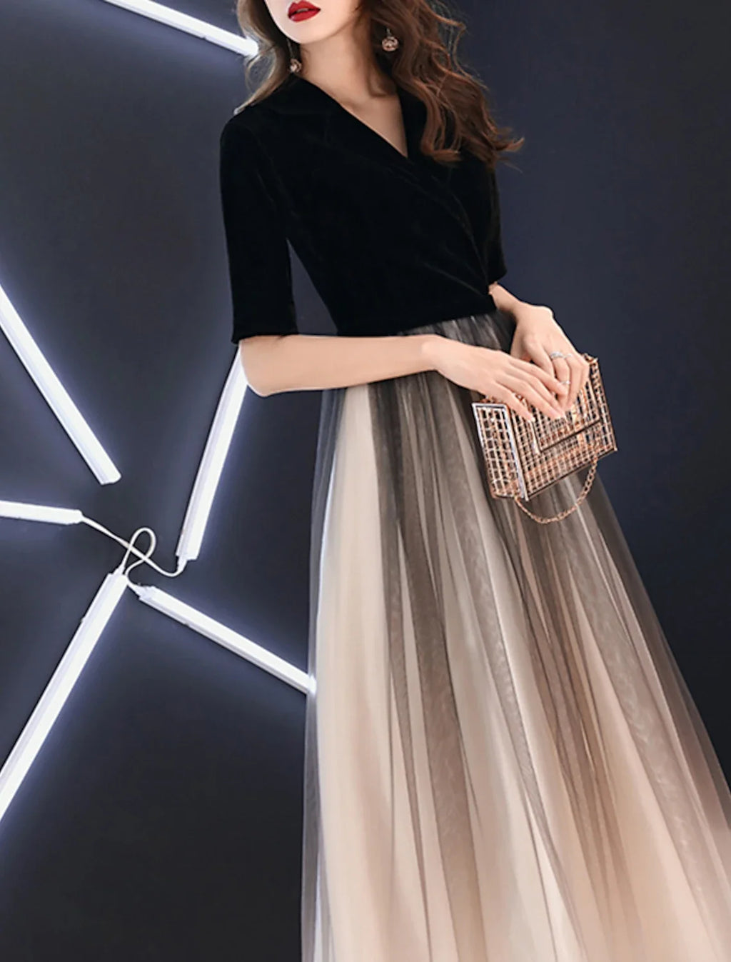 A-Line V-Neck Tulle Floor-Length Evening Gown - Chloe Dress