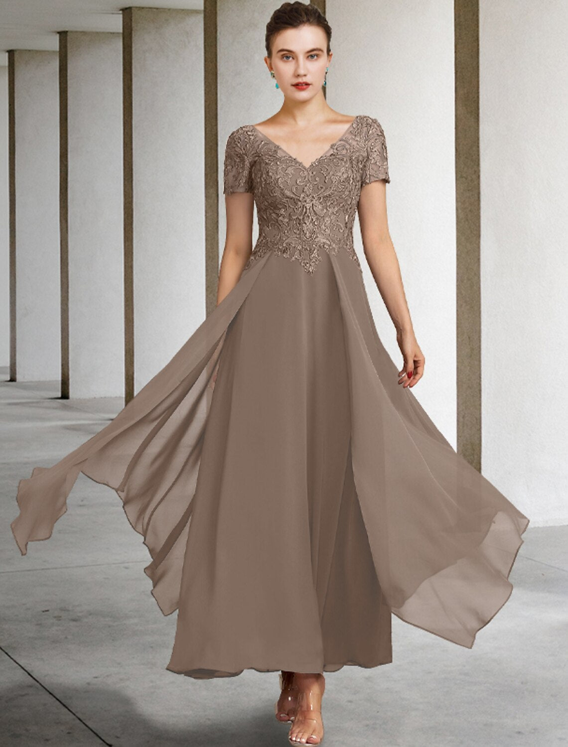 A-Line V-Neck Chiffon Short Sleeve Applique Mini Dress - Chloe Dress