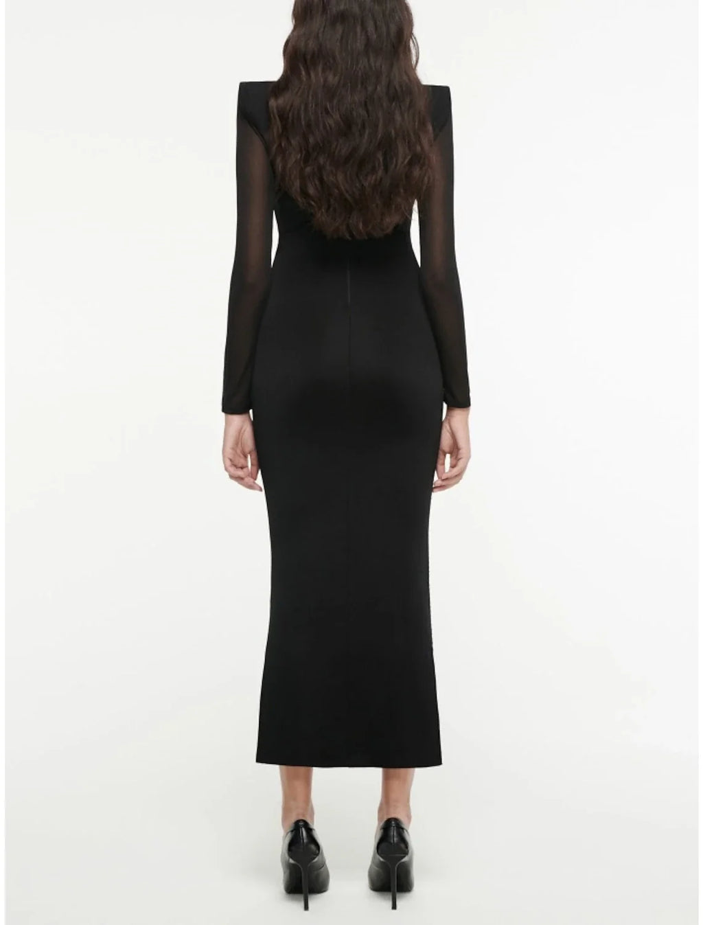 Black Mermaid Long Sleeve Pleated Tea-Length Evening Gown - Chloe Dress