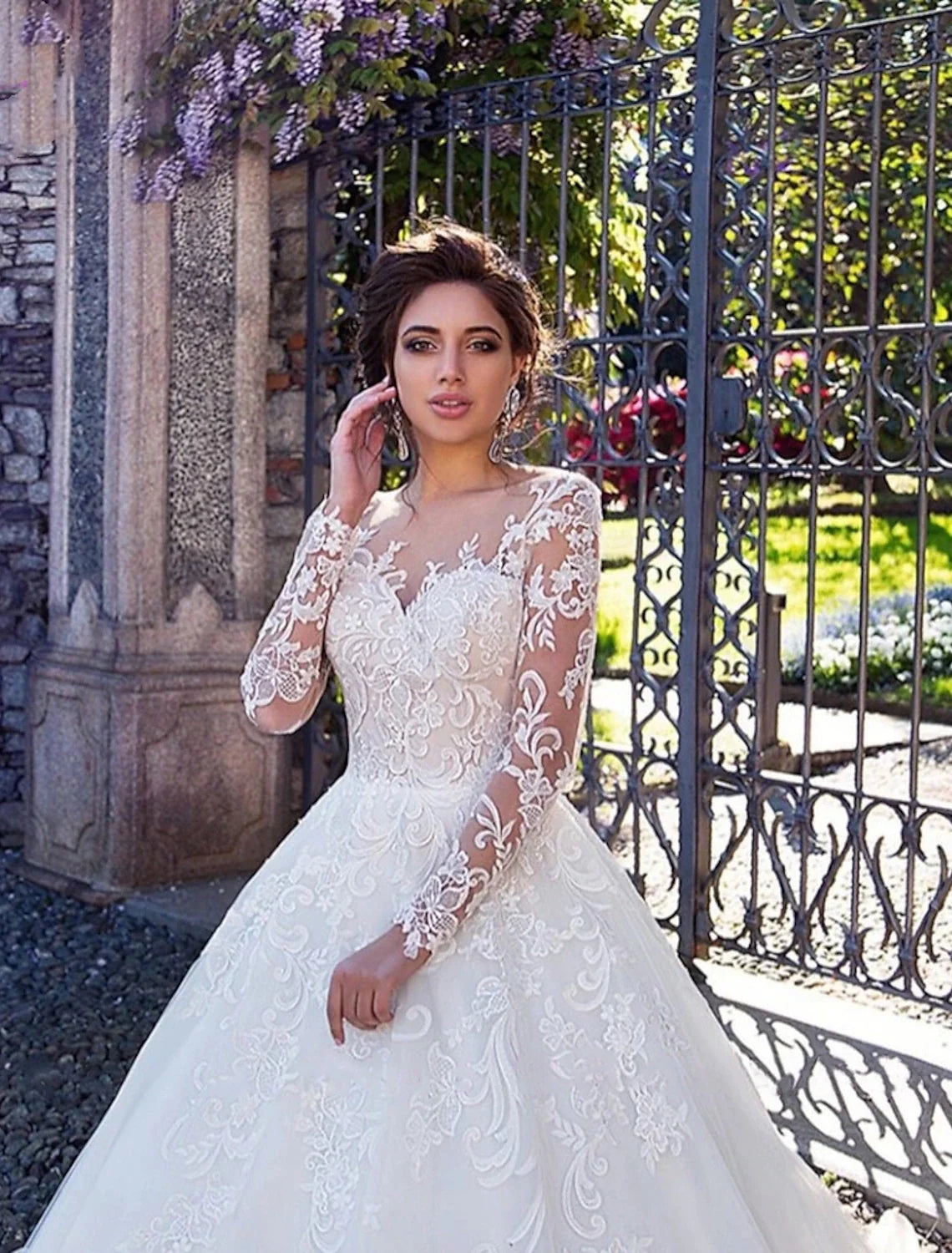 Ball Gown Illusion Lace Long Sleeve Train Wedding Gown - Chloe Dress