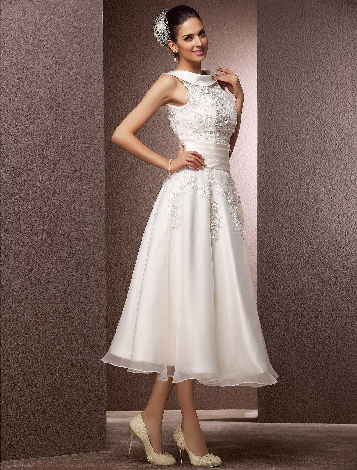 A-Line Illusion Lace Sleeveless Tea-Length Wedding Gown - Chloe Dress