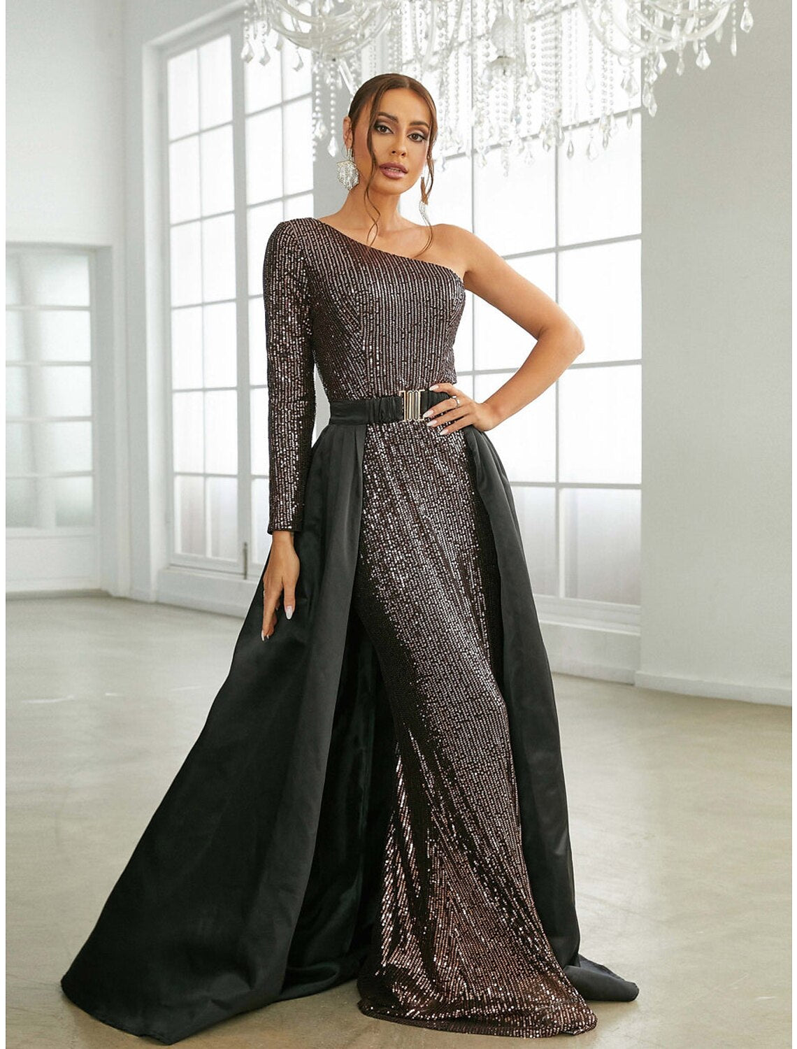 A-Line One-Shoulder Sequin Long Sleeve Pleated Evening Gown - Chloe Dress