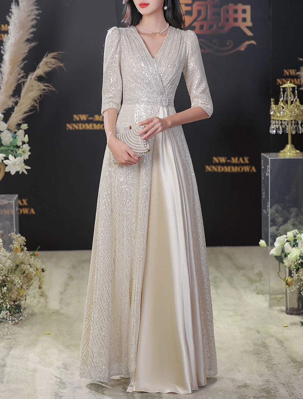 A-Line V-Neck Sequin Floor-Length Evening Gown - Chloe Dress