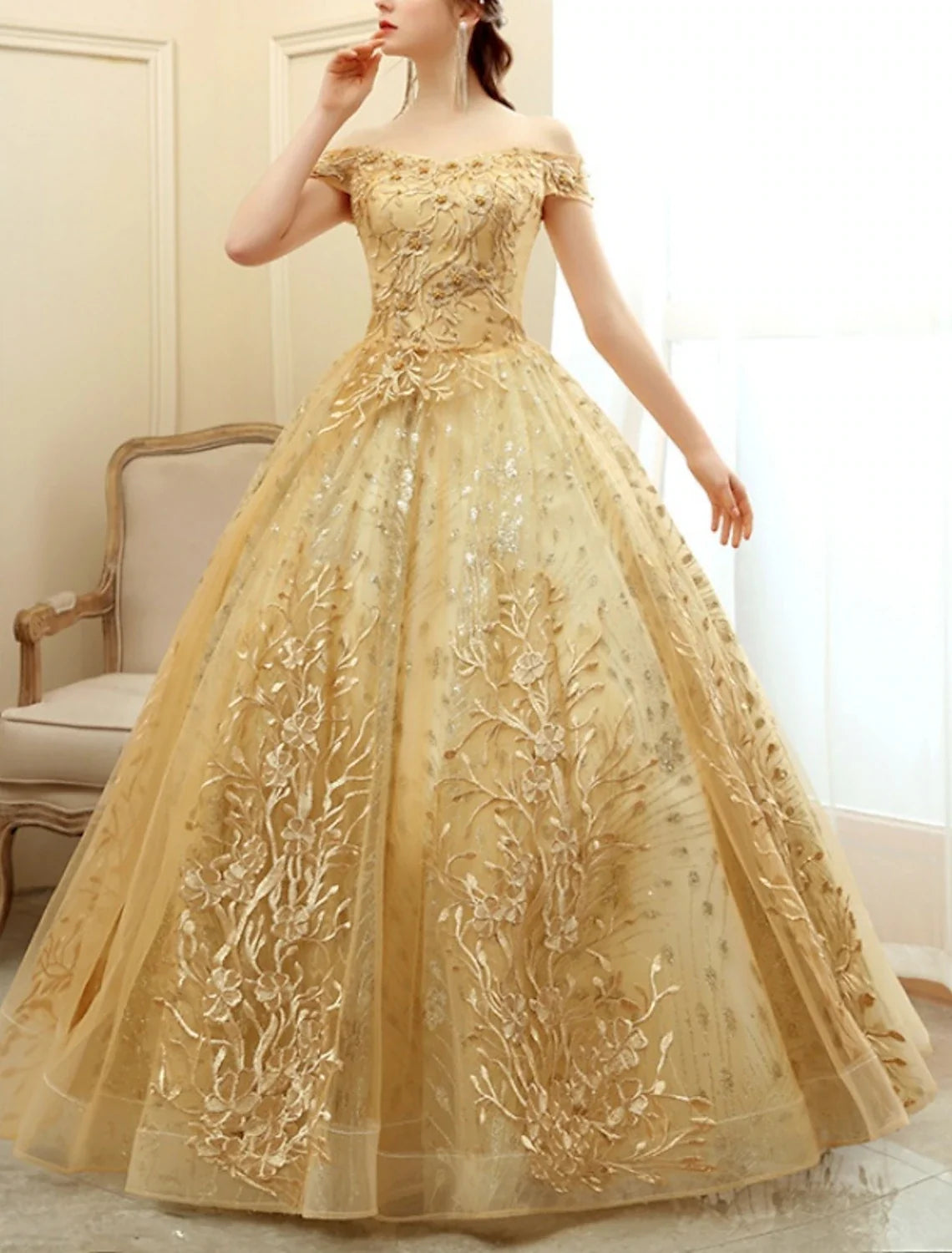 A-Line Off-Shoulder Tulle Short Sleeve Floor-Length Prom Dress - Chloe Dress