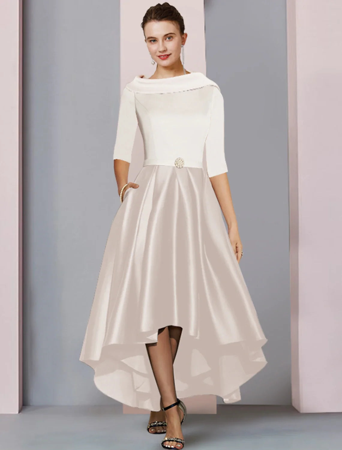 A-Line High Neck Satin Pleated Tea-Length Wedding Dress - Chloe Dress