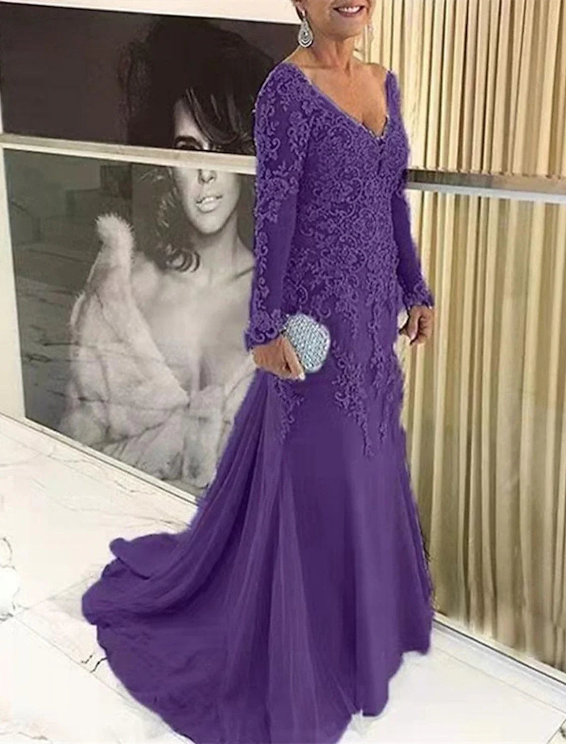 Mermaid V-Neck Lace Long Sleeve Train Wedding Dress - Chloe Dress