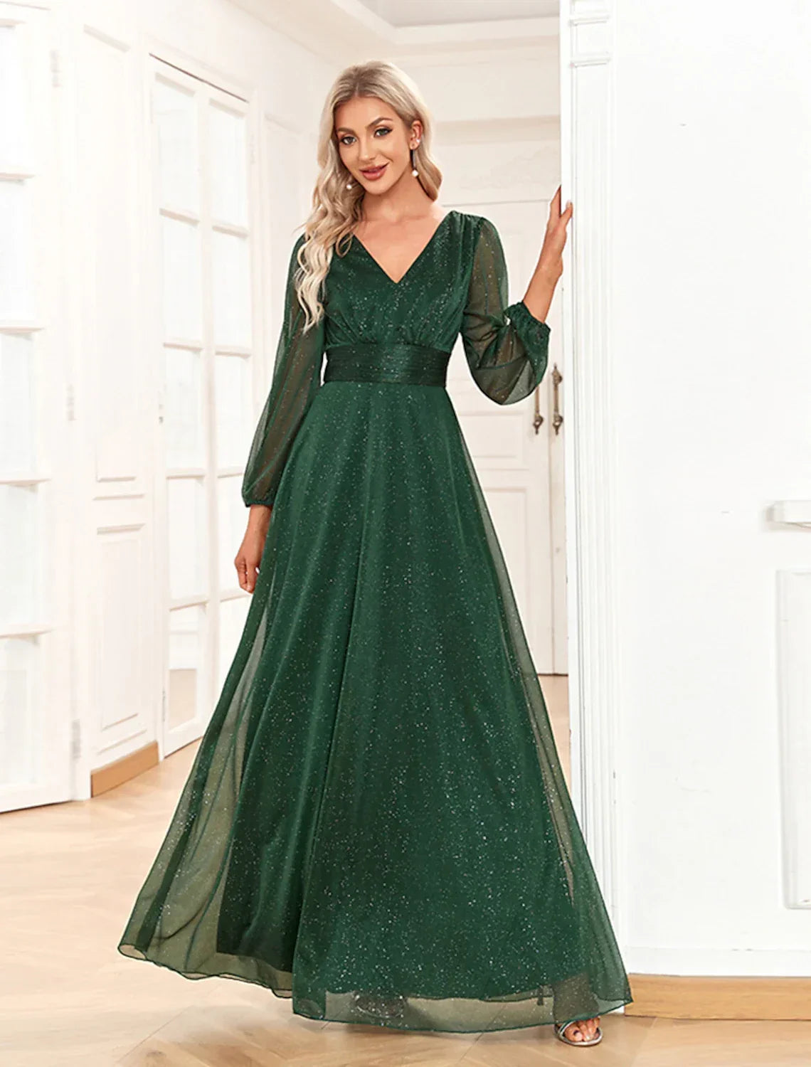 A-Line V-Neck Chiffon Long Sleeve Floor-Length Evening Gown - Chloe Dress