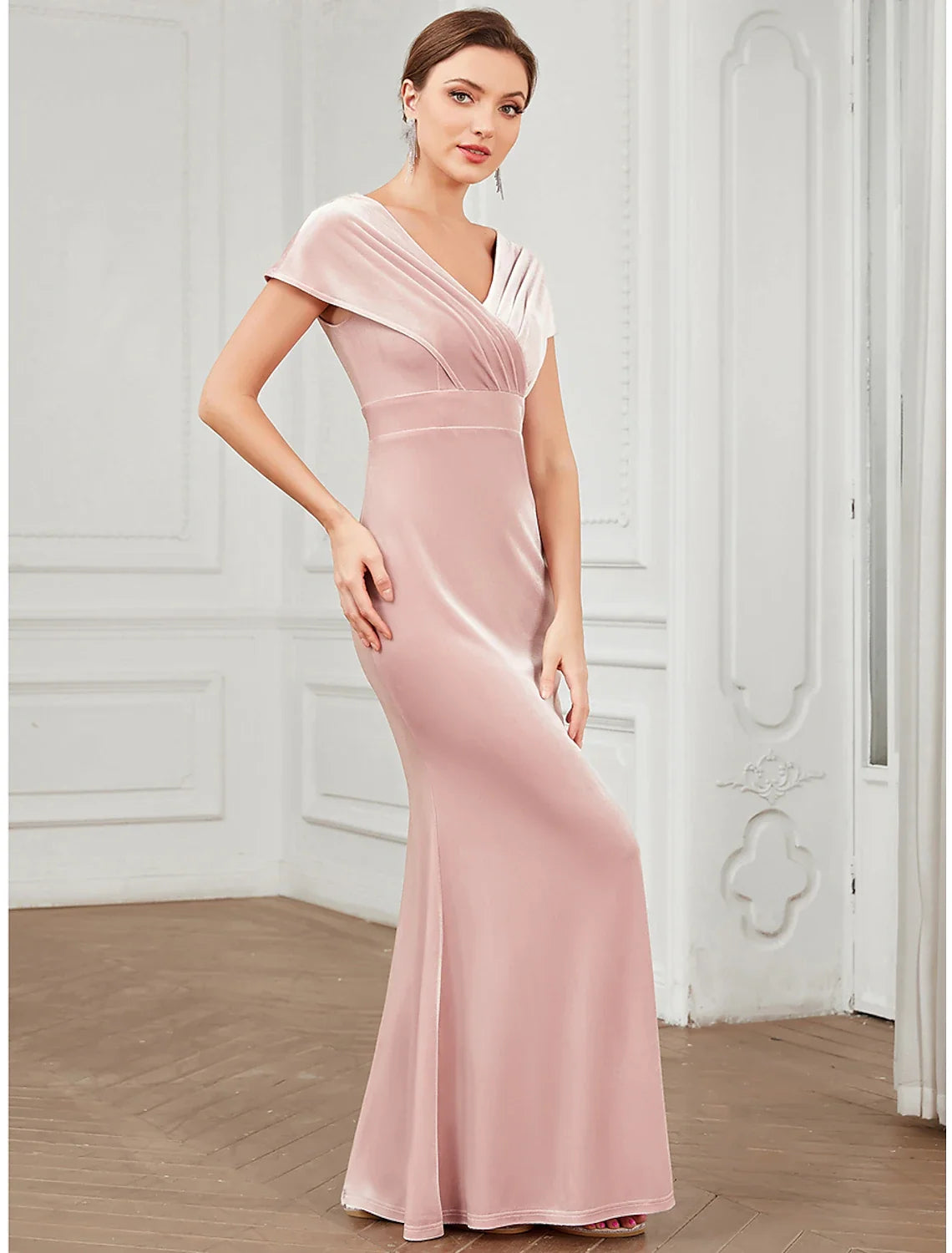 Mermaid V-Neck Velvet Short Sleeve Ruffled Floor-Length Evening Gown - Chloe Dress