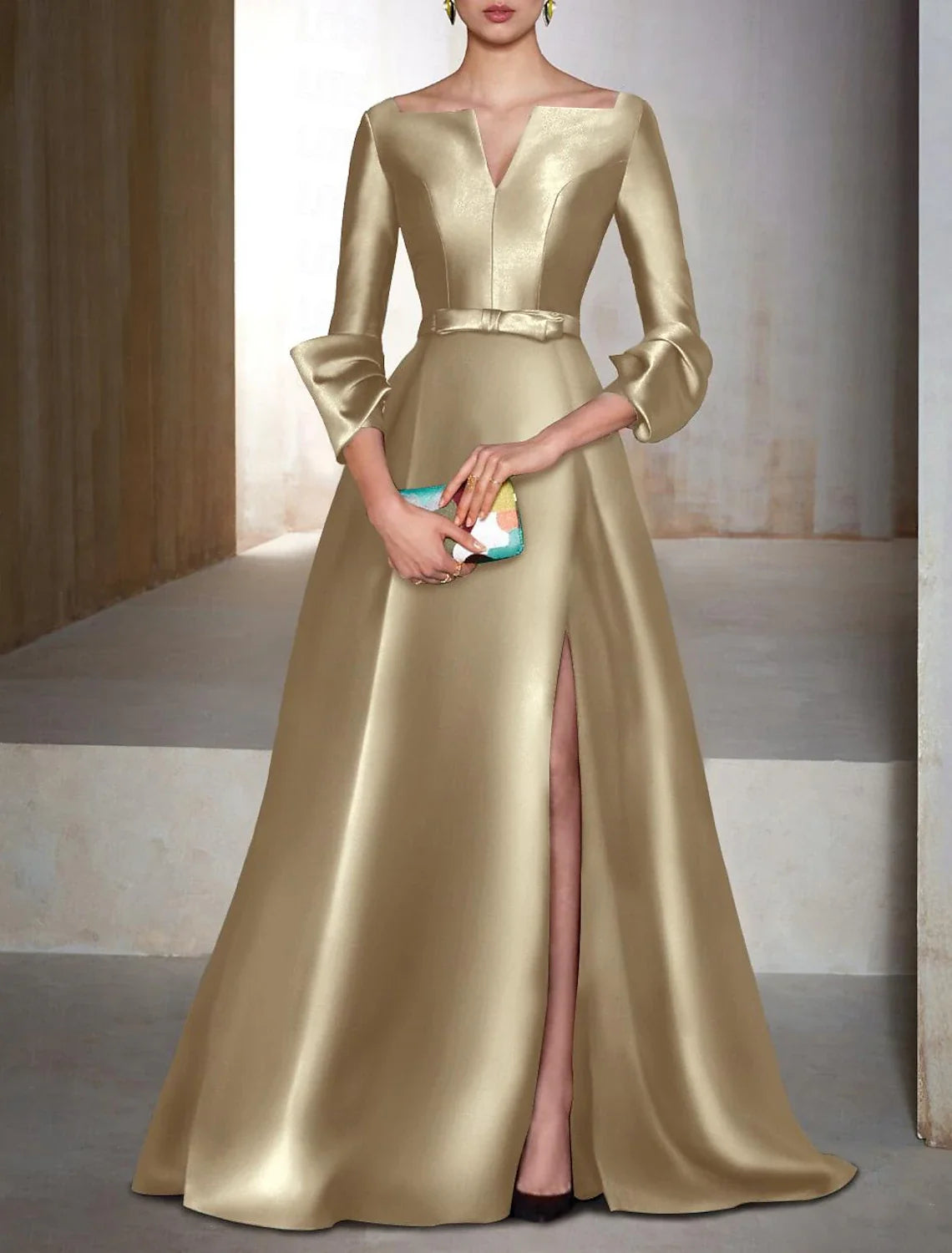 A-Line V-Neck Satin Long Sleeve Floor-Length Evening Gown - Chloe Dress