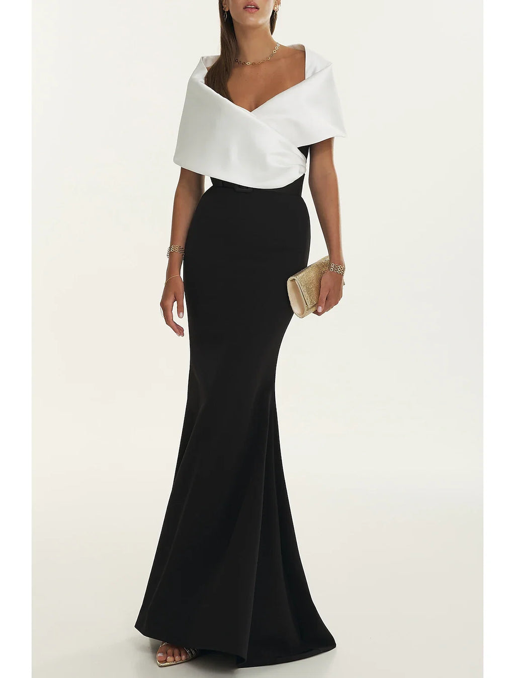 Black Mermaid Off-Shoulder Satin Short Sleeve Pleated Mini Evening Gown - Chloe Dress
