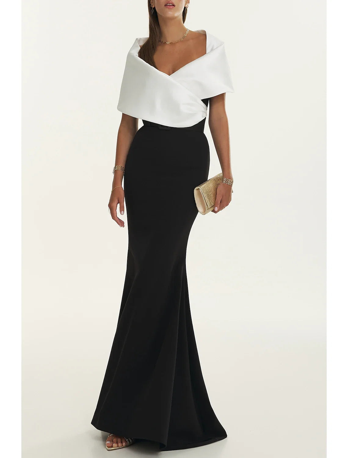 Black Mermaid Off-Shoulder Satin Short Sleeve Pleated Mini Evening Gown - Chloe Dress