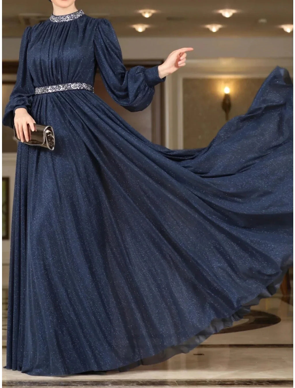 A-Line Long Sleeve Pleated Floor-Length Evening Gown - Chloe Dress