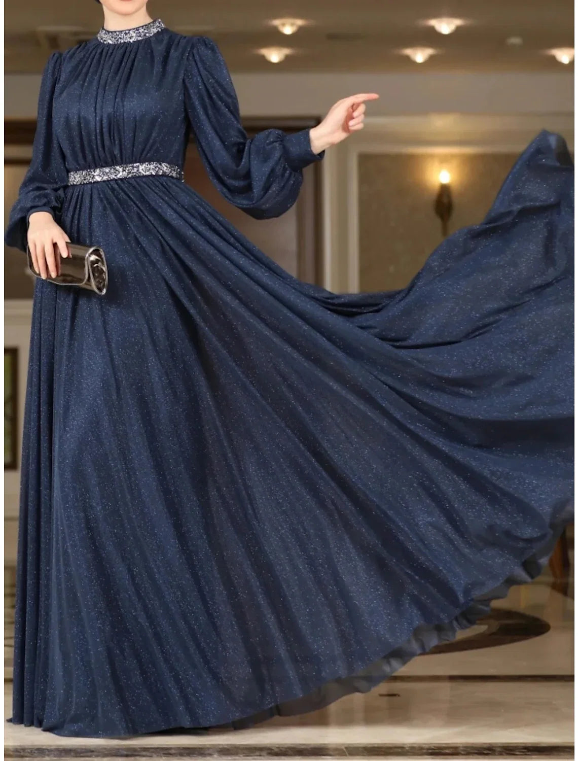 A-Line Long Sleeve Pleated Floor-Length Evening Gown - Chloe Dress