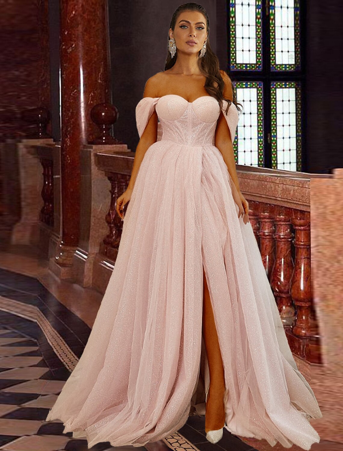 A-Line Off-Shoulder Tulle Short Sleeve Lace-Up Back High Slit Mini Prom Dress - Chloe Dress