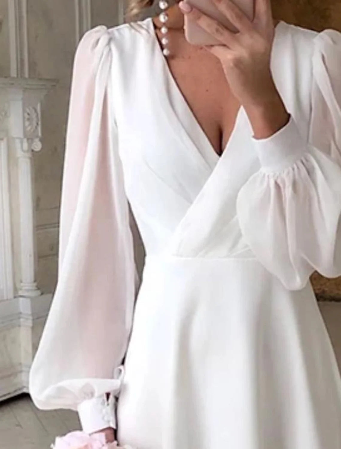White A-Line V-Neck Chiffon Long Sleeve Ankle-Length Wedding Gown - Chloe Dress
