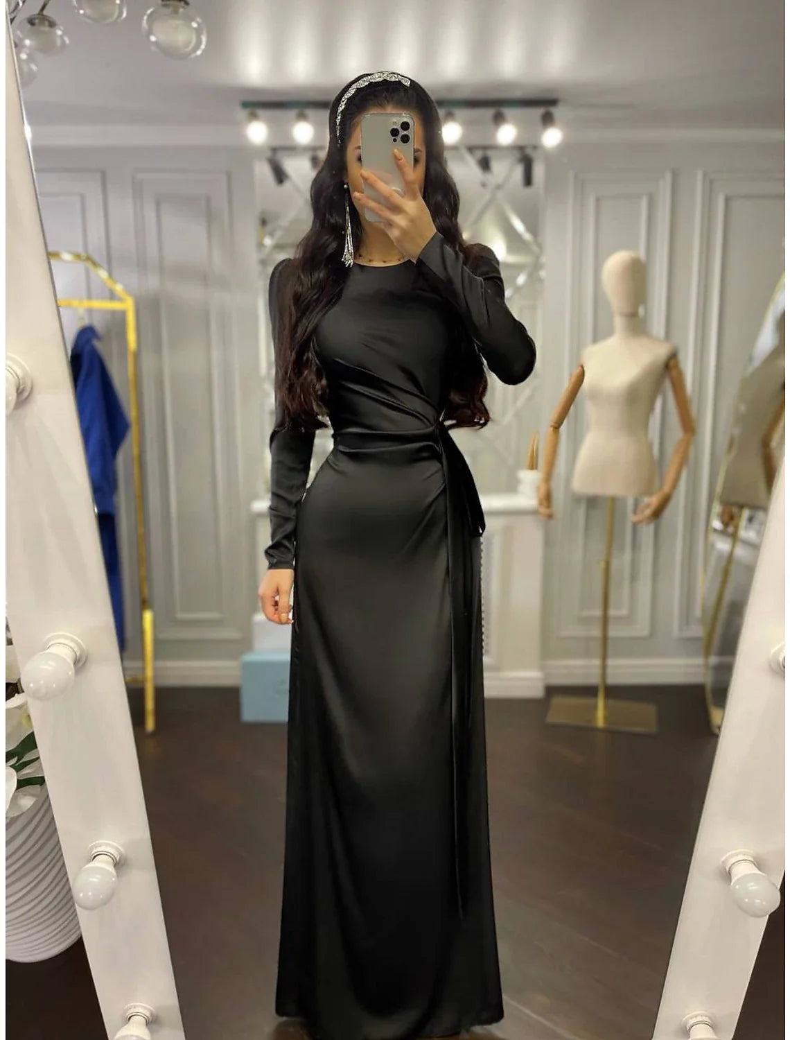 Sheath High Neck Satin Long Sleeve Floor-Length Evening Gown - Chloe Dress