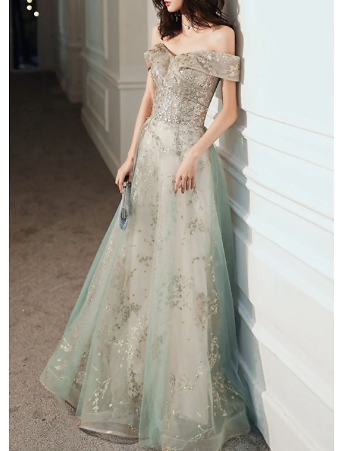 A-Line Off-Shoulder Tulle Short Sleeve Floor-Length Evening Gown - Chloe Dress