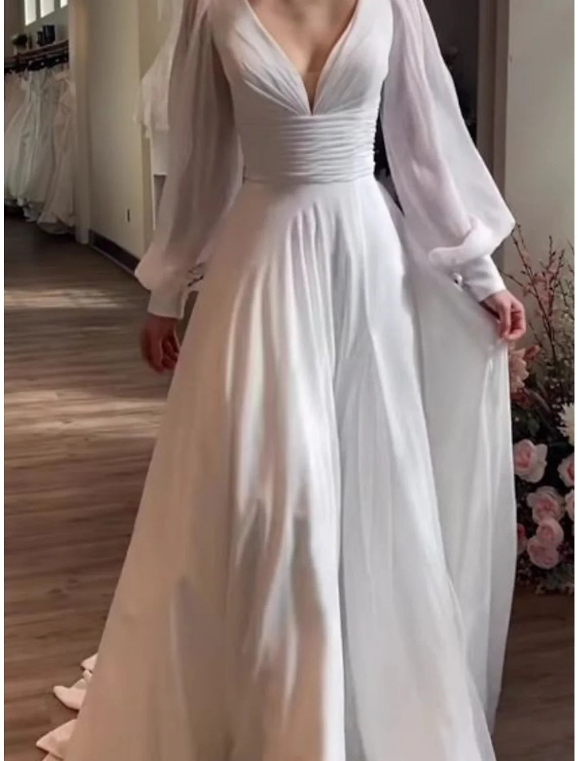 A-Line Off-Shoulder Satin Cap Sleeve Pleated Tea-Length Wedding Gown - Chloe Dress